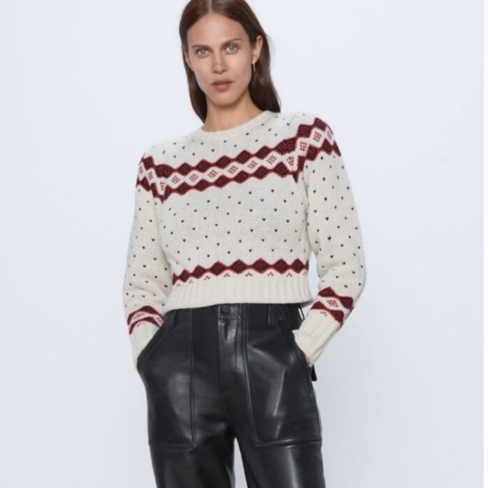 ZARA heart print wool knit cropped sweater